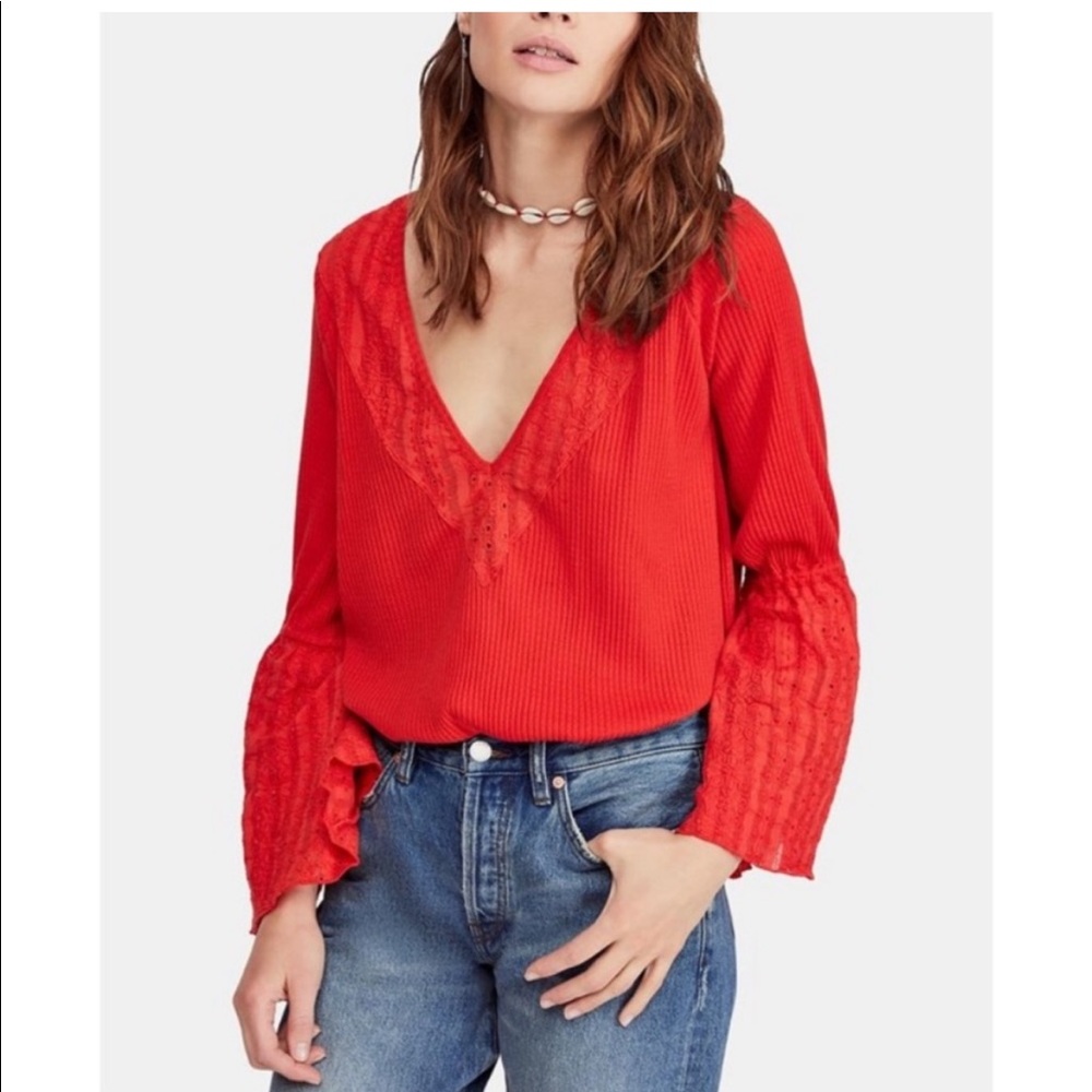 Free People Parisian Nights Bell Sleeved Blouse orange red small